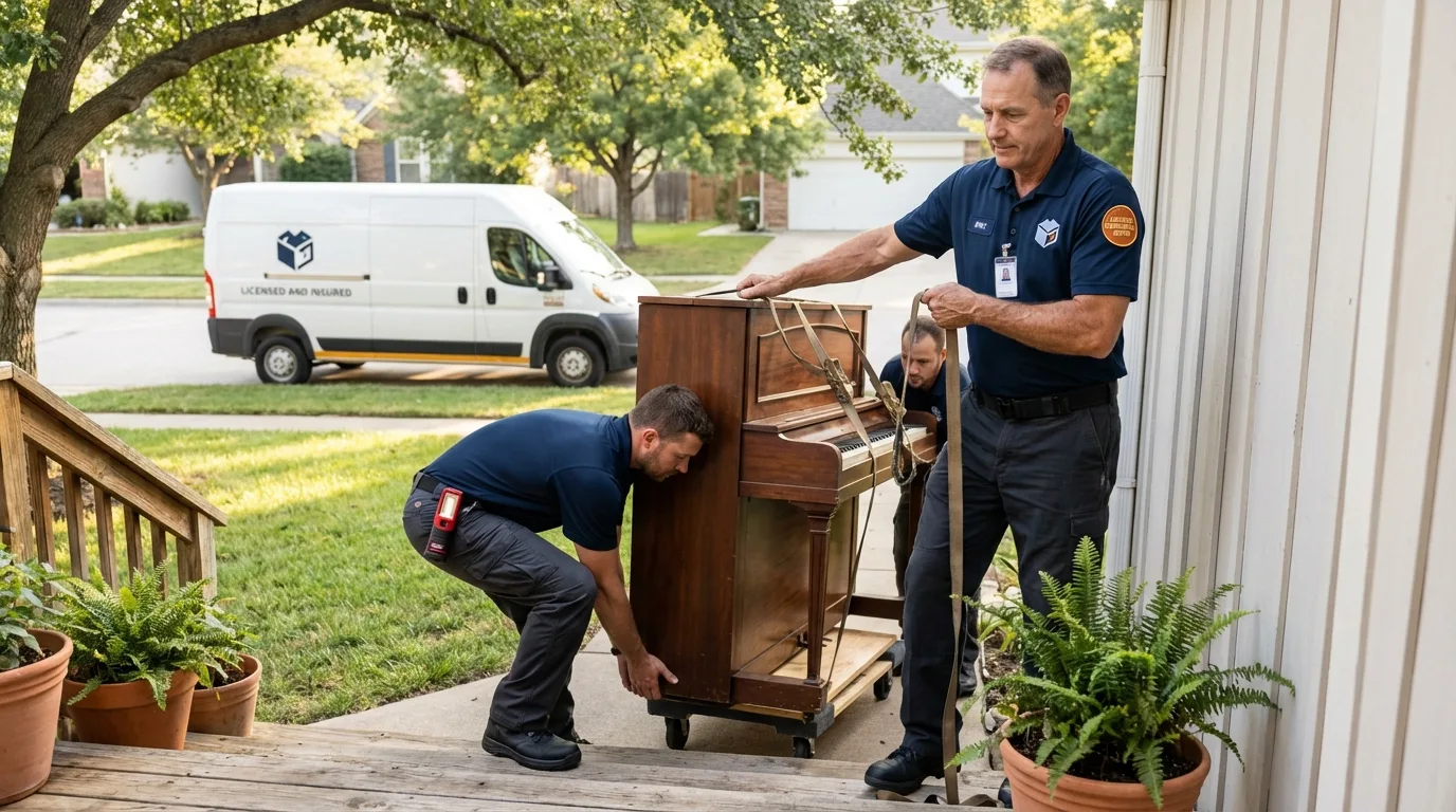 Licensed piano movers securing grand piano in Bolivia, NC