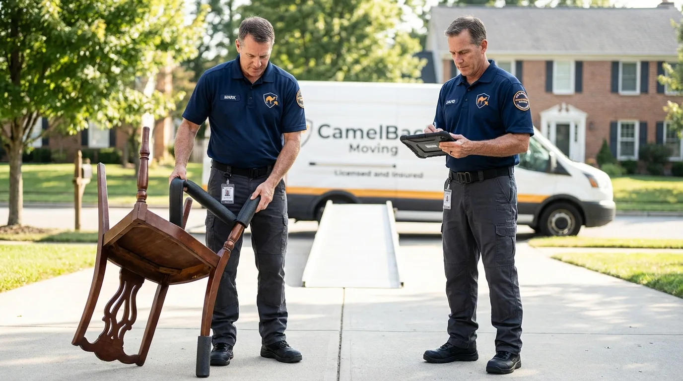 Movers inspecting furniture for damage prevention before loading in Bolivia, NC